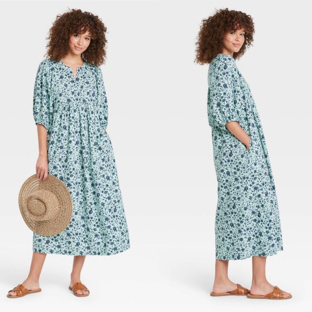 Universal Thread Floral Print Balloon Long Sleeve Midi Blue Dress Women L